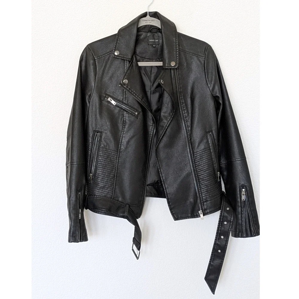 Label Lab Moto Biker Jacket Black Faux Leather‎ Belted Quilted Edgy Sz 10